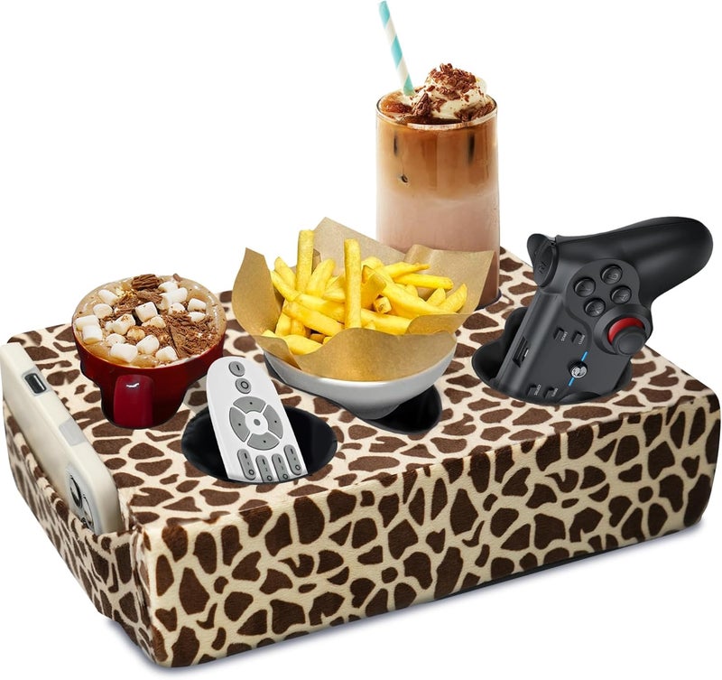 NISDOING Couch Cup Holder Pillow, 5 Hole Couch Drink Holder! Keep Drinks Hand Side and Keep Temp, Prevent Spills and Use Anywhere. Cup Holder for Couch, Bed, Camping, RV, Car, Beach. Brown Beige - Image 1